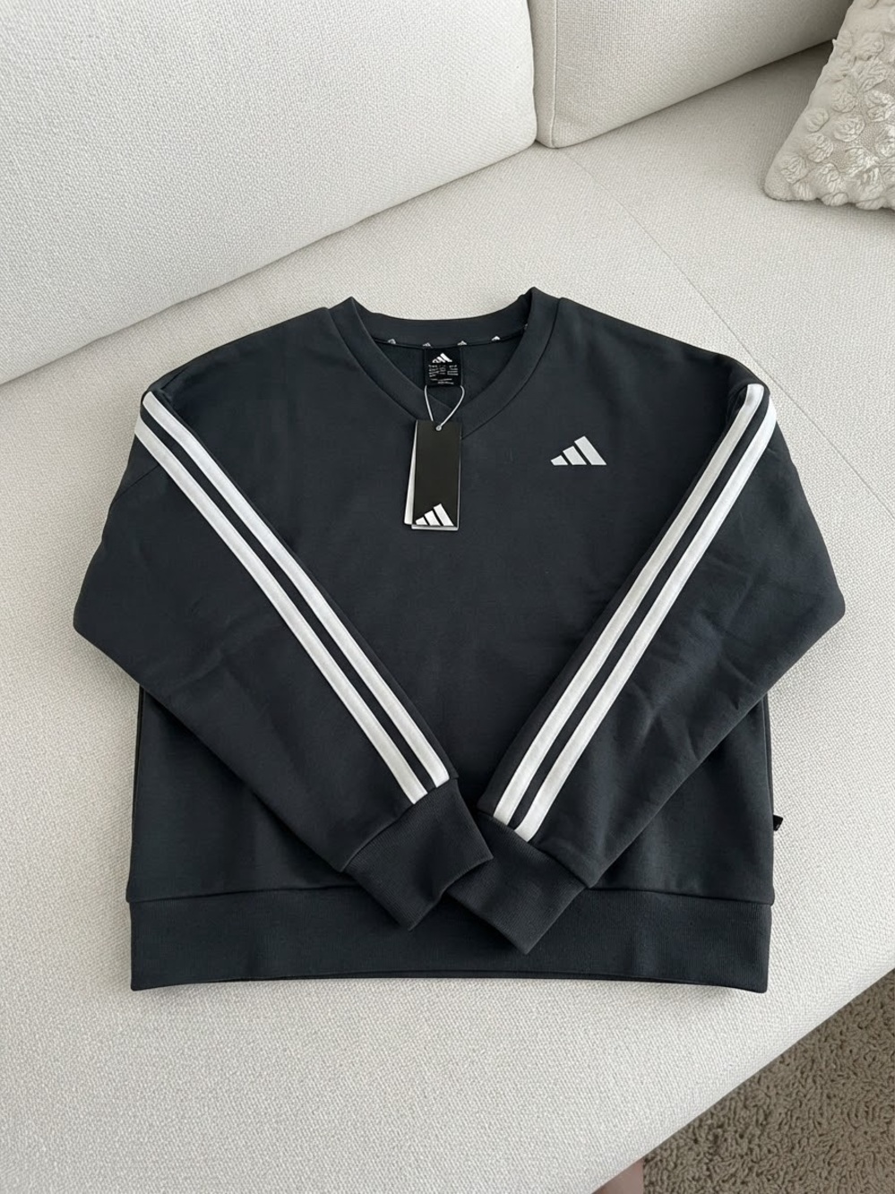 Adidas wom Black Crewneck Sweatshirt with White Sleeve Stripes
